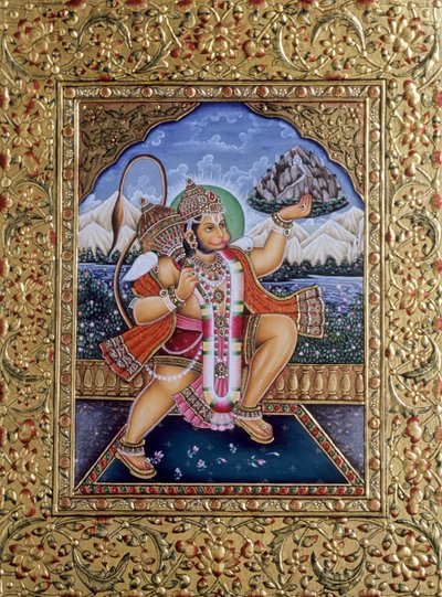 Seigneur Hanuman, miniature sur papier avec broderie dorée - School Indian