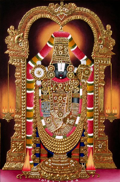 Peinture miniature de Lord Thirupati Balaji sur papier avec embossage doré - School Indian