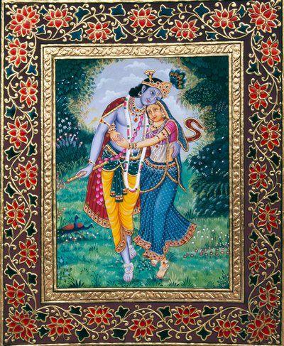 Peinture miniature de Radha Krishna sur papier - School Indian