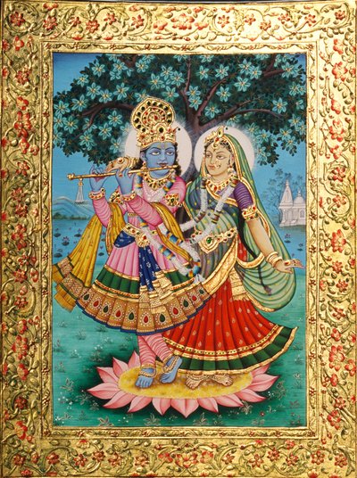Peinture miniature de Radha Krishna sur papier avec embossage doré - School Indian