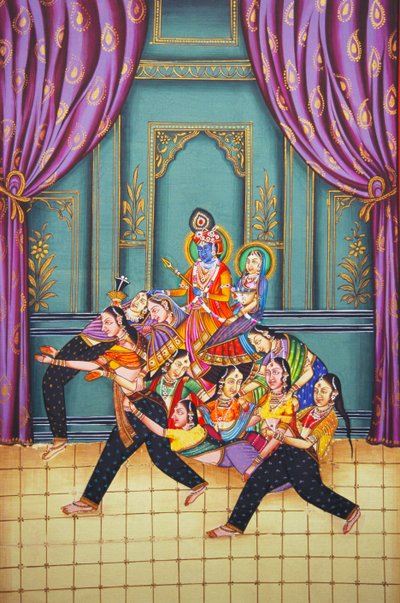 Radha Krishna avec Sakhis, miniature sur papier - School Indian