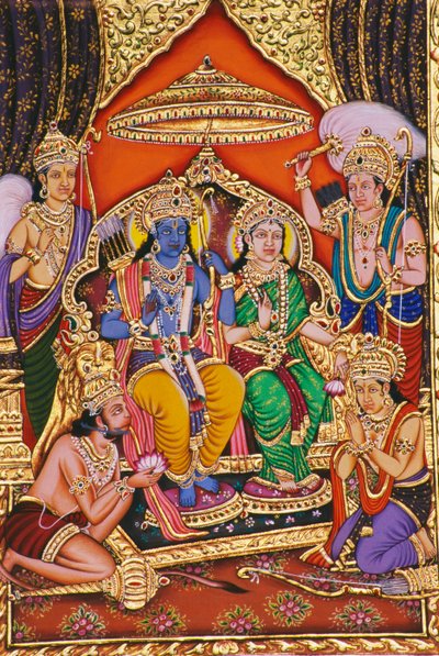 Peinture miniature de Ram Darbar sur papier avec embossage - School Indian