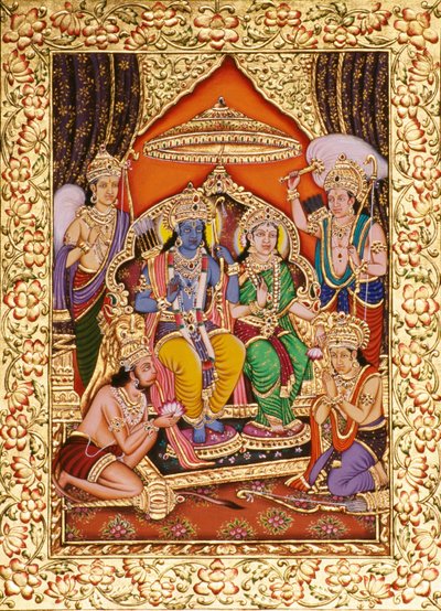 Ram Darbar, miniature sur papier avec embossage doré - School Indian