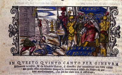 La princesse Ginevra est innocente et le combat entre la calomnie et le chevalier inconnu venu défendre Ginevra est interrompu. scène du poème chevaleresque « Orlando Furioso » (Le Roland Furieux) de Ludovico Ariosto (1474 - 1533) appelé L