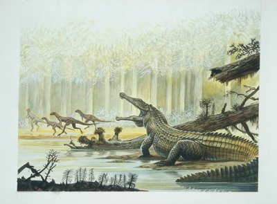 Rutiodon avec Fabrosaurus en arrière-plan, période Triassique - School Italian