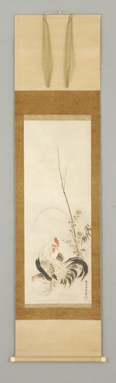 Kakemono, coq et poule avec des fleurs - Japanese School
