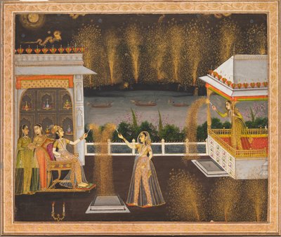 Dames célébrant Diwali, vers 1760 (aquarelle opaque et or sur papier) - School Mughal