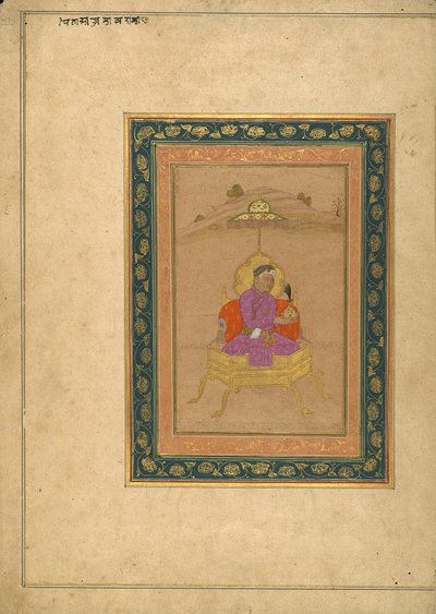 Le 3e empereur moghol Akbar assis sur le trône royal tenant sa couronne - School Mughal