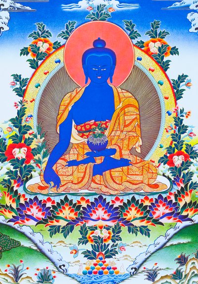 Image représentant le Bouddha de la médecine, le guérisseur suprême en robes monastiques avec un bol contenant la plante médicinale arura dans la main gauche - School Nepalese
