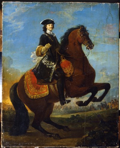 Portrait équestre de Pierre I avec une bataille de la Grande Guerre du Nord en arrière-plan - School Russian