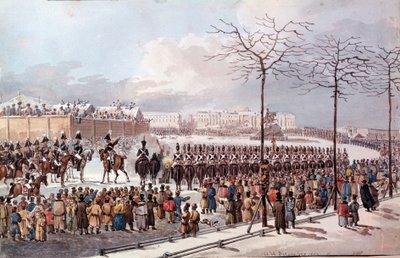 Révolte des Décembristes en 1825 pour obtenir une nouvelle constitution. Gravure de 1830. Saint-Pétersbourg. Bibliothèque de l