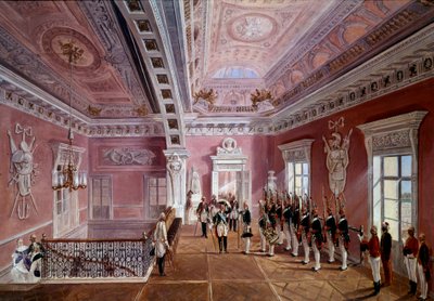 Prise de garde dans le vestibule supérieur du château de Pavlovsk en présence de Paul Ier levant son chapeau - School Russian