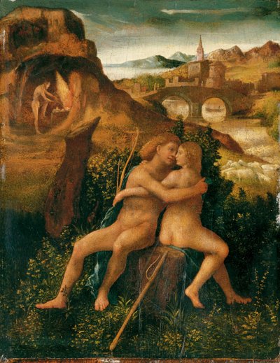 Vénus et Mars dans un paysage fluvial avec Vulcain travaillant dans sa forge, c.1500 - School Venetian