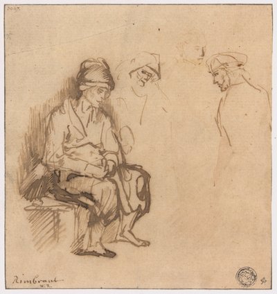 Femme assise sur un banc et trois esquisses de têtes - School of Rembrandt van Rijn