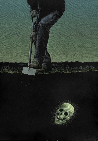 Un crâne dans le Connemara, 2001 (scratchboard, colorisé numériquement) - Scott McKowen
