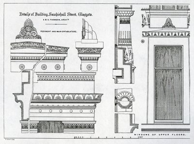Détails architecturaux des chambres grecques, 336-356 Sauchiehall Street, Glasgow, conçus par Alexander Greek Thomson, 1869 - Scottish School