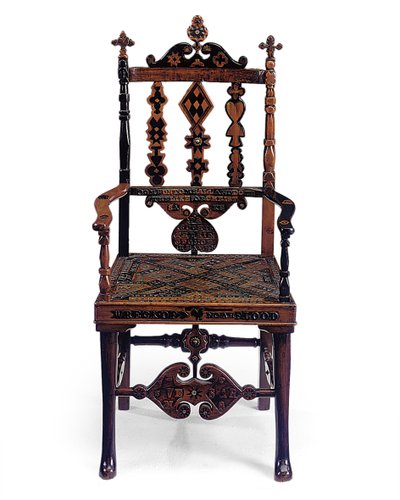 Fauteuil ouvert incrusté et sculpté avec un patchwork de diverses phrases, début du 19ème siècle - Scottish School