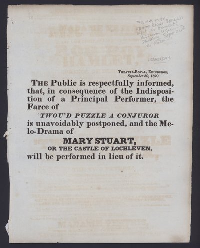 Avis de changement de programme au Théâtre Royal, Édimbourg, 30 septembre 1829 - Scottish School