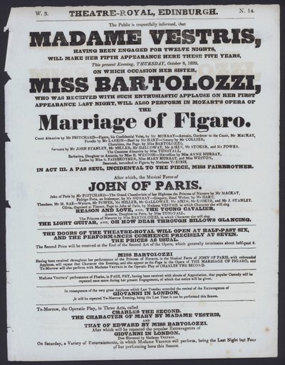 Programme de théâtre pour le Theatre Royal, Édimbourg, 8 octobre 1829 - Scottish School