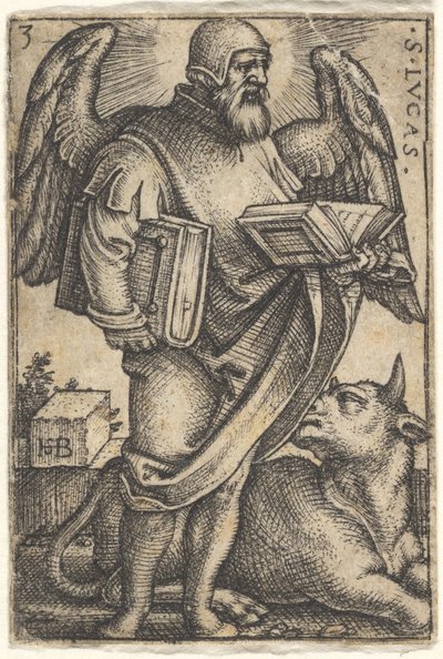 Saint Luc avec la tête tournée de profil vers la droite, un livre dans chaque main - Sebald Beham