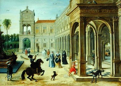 Cavalier et figures élégantes devant une cour de palais - Sebastian Vrancx