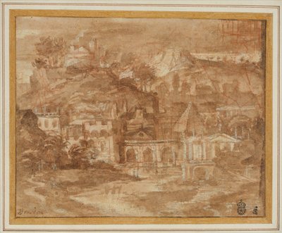 Paysage classique avec des bâtiments au bord d