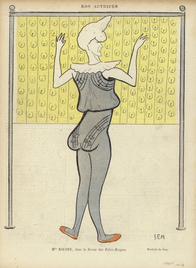 Louise Balthy, actrice française, aux Folies-Bergère, illustration pour Le Rire - Sem