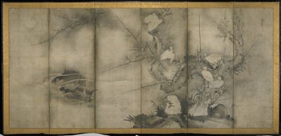 Saule, Hérons dans le prunier et le saule, paravent à six panneaux - Sesson Shkei