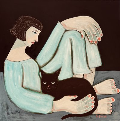 Femme pensive et chat noir - Sharyn Bursic