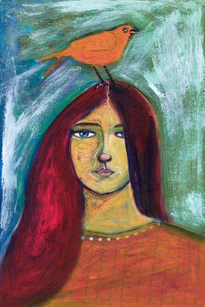 Une femme avec un oiseau orange - Sharyn Bursic