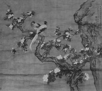Pommier en fleurs et paire d