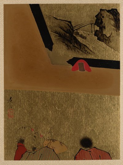 Trois hommes regardant un dessin laqué encadré - Shibata Zeshin