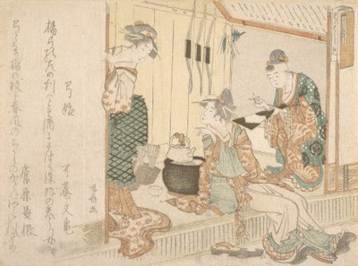 Deux jeunes dames prenant le thé servies par un vieux domestique - Shinsai