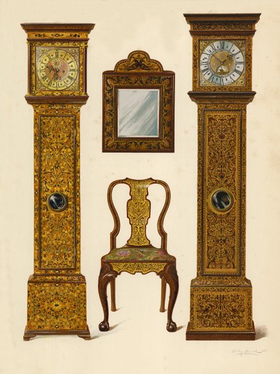Horloge incrustée de marqueterie claire, propriété de Percy Macquoid; Horloge incrustée de marqueterie foncée, Victoria and Albert Museum; Chaise en noyer incrustée de marqueterie; Miroir (chromolithographie) - Shirley Charles Llewellyn Slocombe
