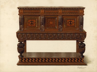 Buffet debout en noyer et chêne, propriété de Percy Macquoid (chromolithographie) - Shirley Charles Llewellyn Slocombe