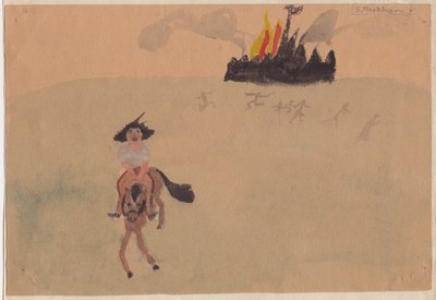 Fille sur un Cheval Fuyant un Fort en Flammes, vers 1941 - Shirley Markham