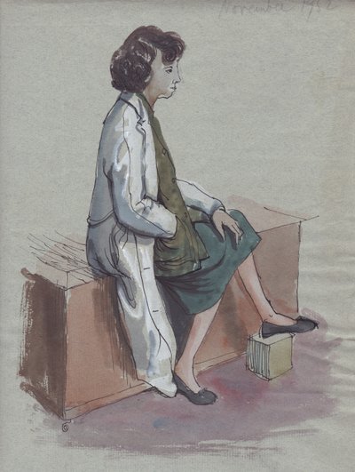 Femme assise en manteau blanc, 1952 - Shirley Markham