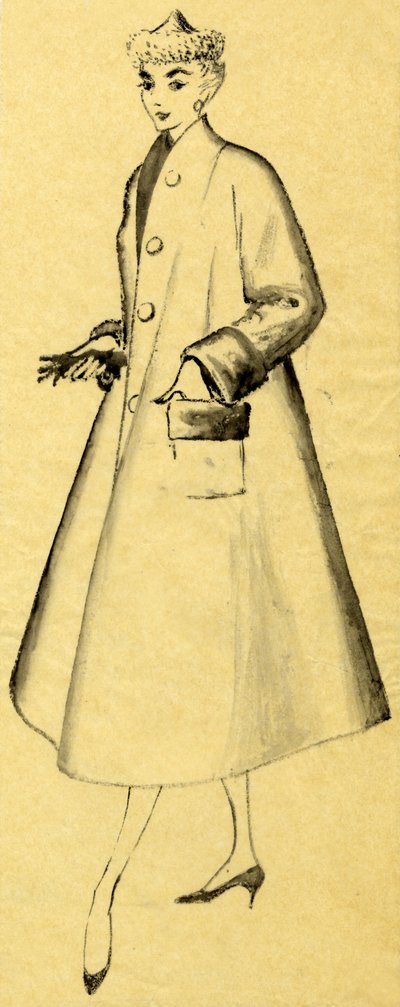 Femme en manteau de poussière et chapeau pointu, vers 1952 - Shirley Markham