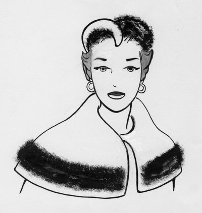 Femme avec cape bordée de fourrure et chapeau assorti, vers 1950 - Shirley Markham