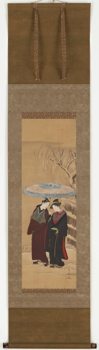 Une fille et un homme marchant dans la neige - Shunsho