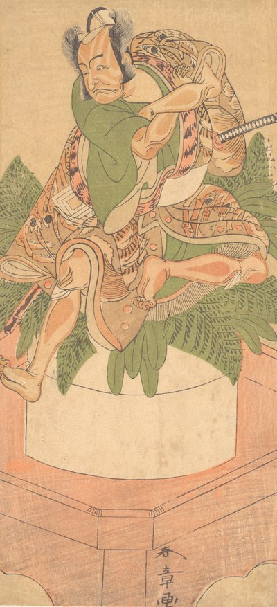 Le quatrième Ichikawa Danjuro en tant que serviteur Yakko assis sur un grand gâteau de mochi - Shunsho