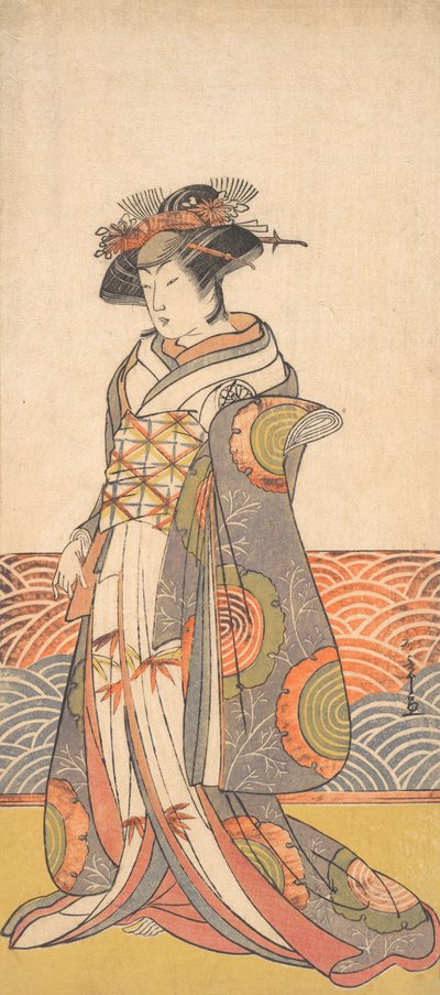 Le Troisième Segawa Kikunojo en Femme Debout dans une Pièce avec un Dado à Motif de Vague, vers 1779 - Shunsho