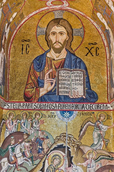 Chapelle Palatine (Basilique), abside sud ou "absidiola" de Saint Paul, mosaïques : "Christ Pantocrator" et "Nativité", XIIe siècle - Sicilian School