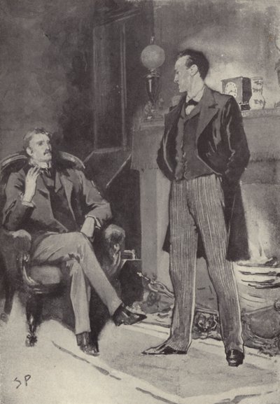 Puis il se tint près du feu : scène du mystère de Sherlock Holmes Un scandale en Bohême, par Arthur Conan Doyle - Sidney Paget