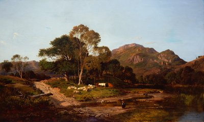 Une laitière traversant un gué avec des moutons et du bétail au-delà - Sidney Richard Percy