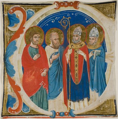 Deux saints et deux évêques dans une initiale historiée "E" d