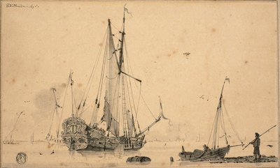 Scène de port avec bateaux et pêcheur - Sieuwert van der Meulen