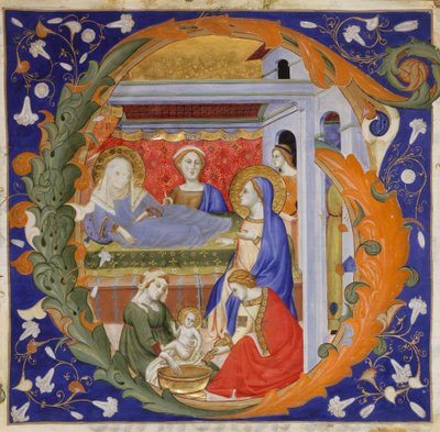 Enluminure de manuscrit avec la naissance de la Vierge dans une initiale G, d