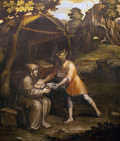 Le diable prend les livres saints et les remplace par des livres séculiers; Peinture par Simao Rodrigues (1560-1629) - Simao Rodrigues