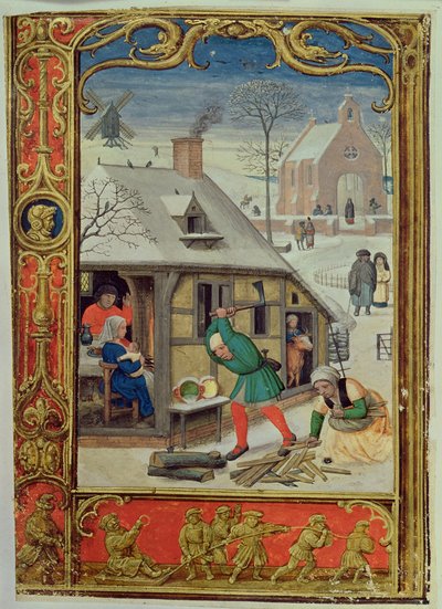 Janvier : Couper des bûches et faire de la luge, d